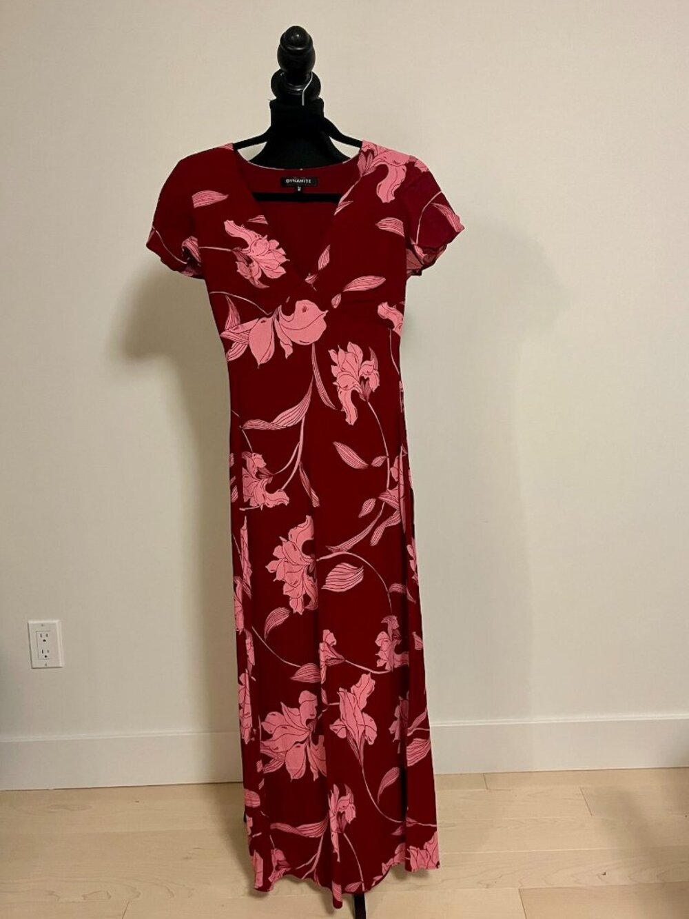 #111  Dynamite Red With Pink Floral Short Sleeve Dress